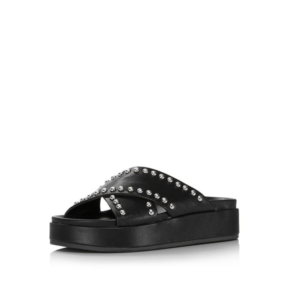 AQUA Womens Black Studded Krisa Round Toe Platform Slip On Slide Sandals 6.5 M